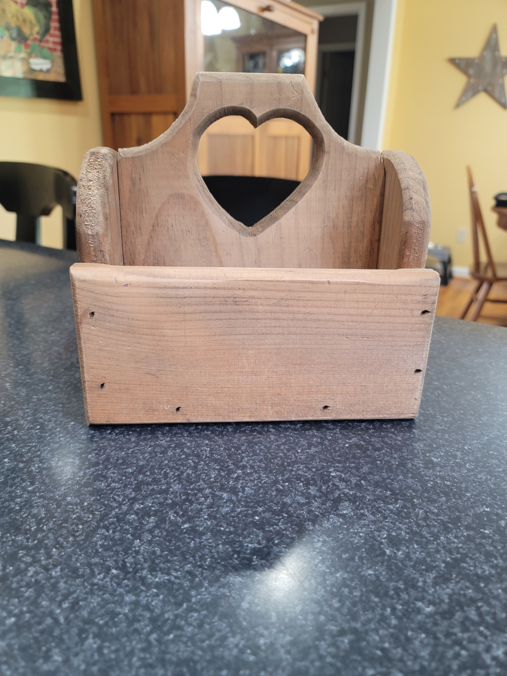 Vintage wooden storage caddy heart-shaped cutout handle cottagecore style Rustic